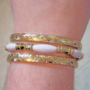 Vintage Goldtone Etched Bracelets and Gonetone w/ White Beads Bracelet Set of 3